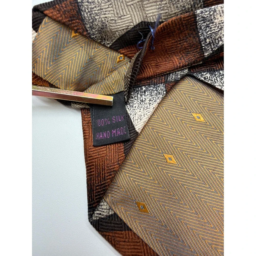 Pierre Balmain Couture Mens Silk Necktie‎ Brown Tan Grey Geometric Hand Made